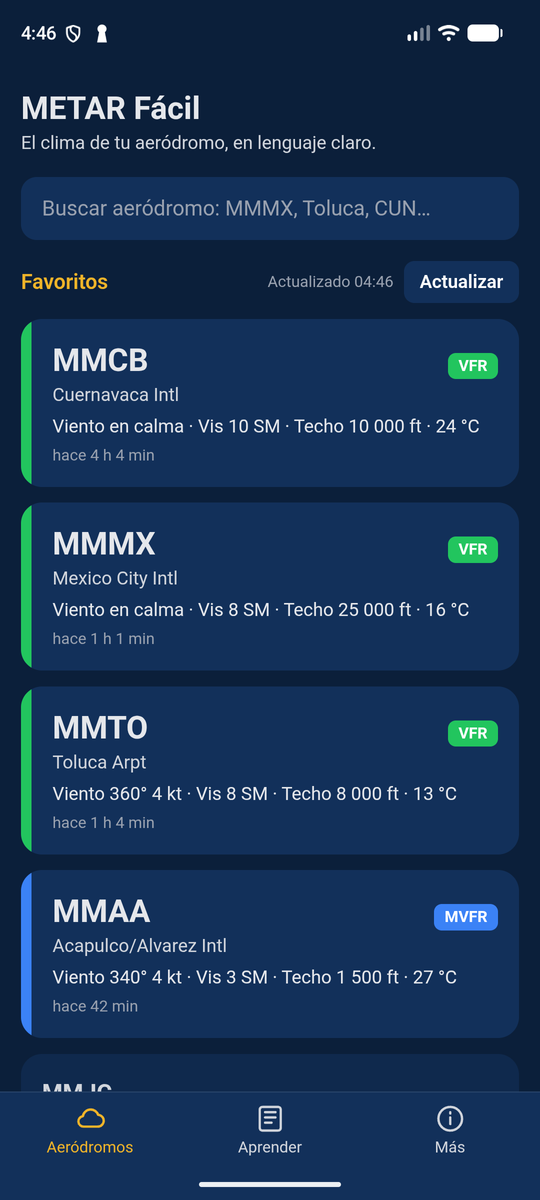 Pantalla de inicio de METAR Fácil con la lista de aeródromos favoritos y su color de categoría de vuelo