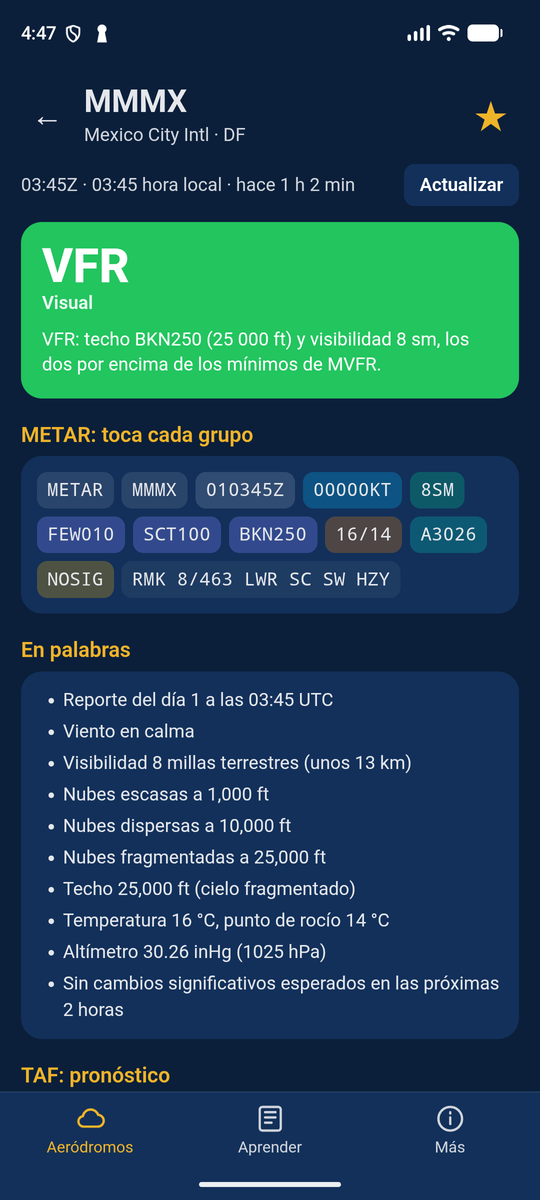 Detalle de un aeródromo en METAR Fácil con el METAR en grupos tocables y la explicación de cada uno