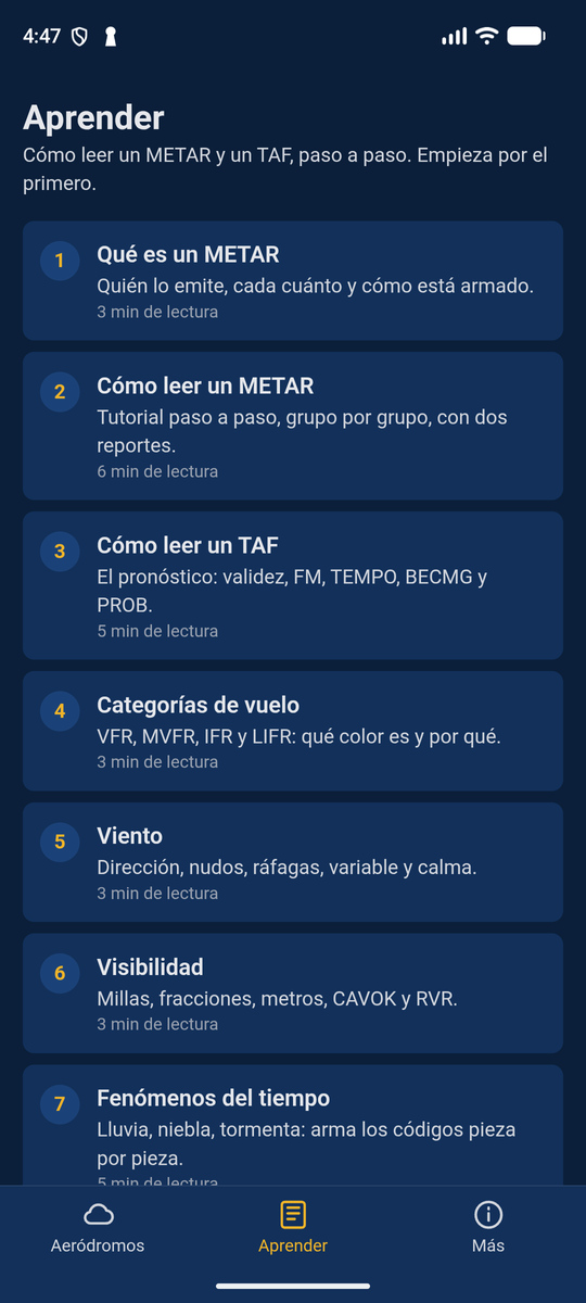 Sección Aprender de METAR Fácil con los temas y el tutorial para leer un METAR